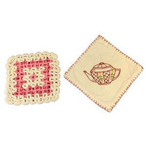 Potholders Hot Pads teapot Pink White country cottage core MCM lot of 2